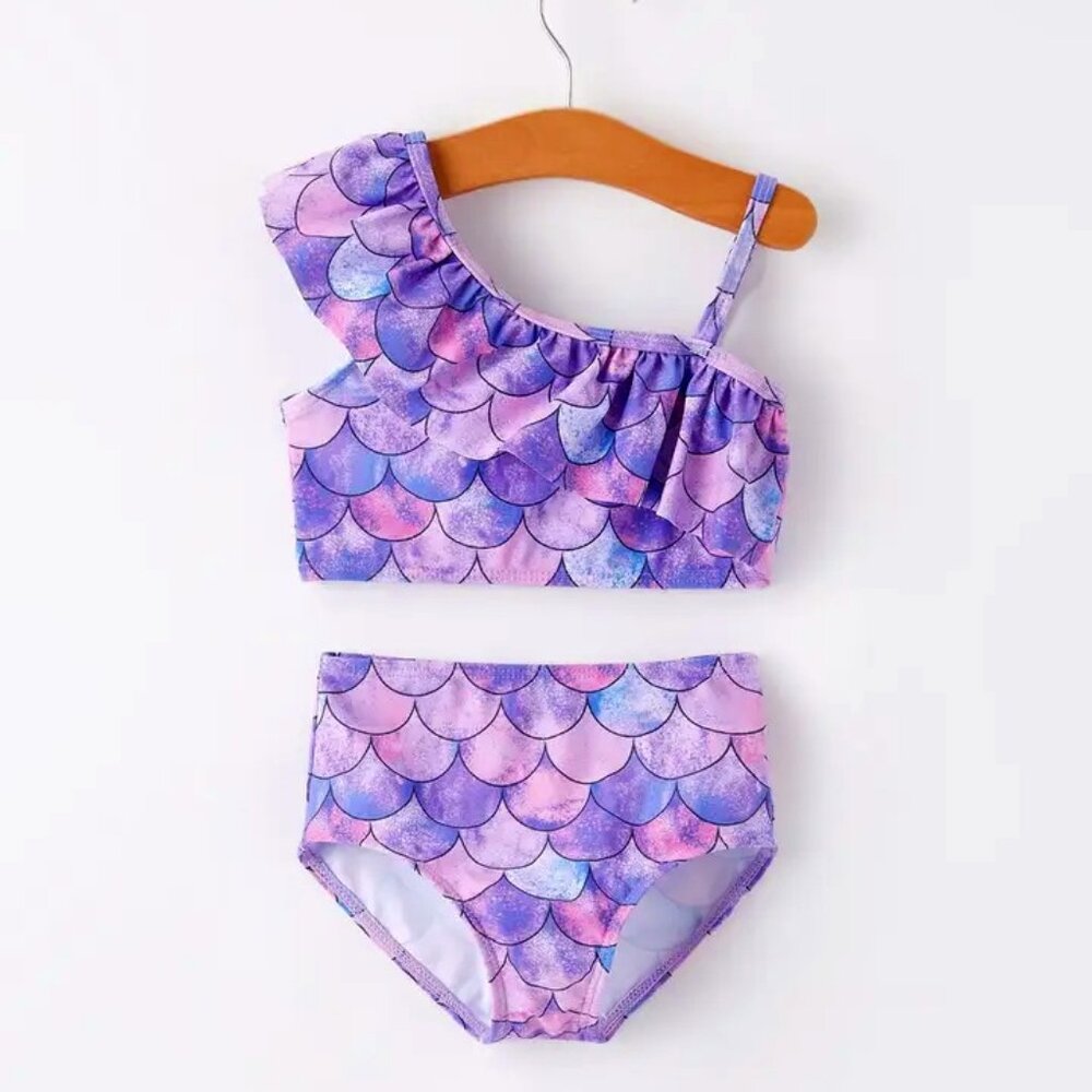 Purple Fish Scale Print Girls Boutique Swimsuit